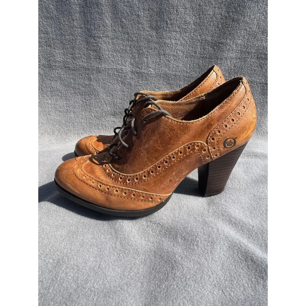 Born Womens 6 Brown Leather Wingtip Oxford Heels Lace Up Block Heel Pumps W12431
